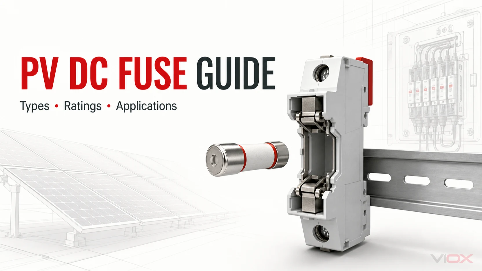 PV DC fuse guide cover showing a cylindrical fuse-link and DIN-rail fuseholder in a solar application