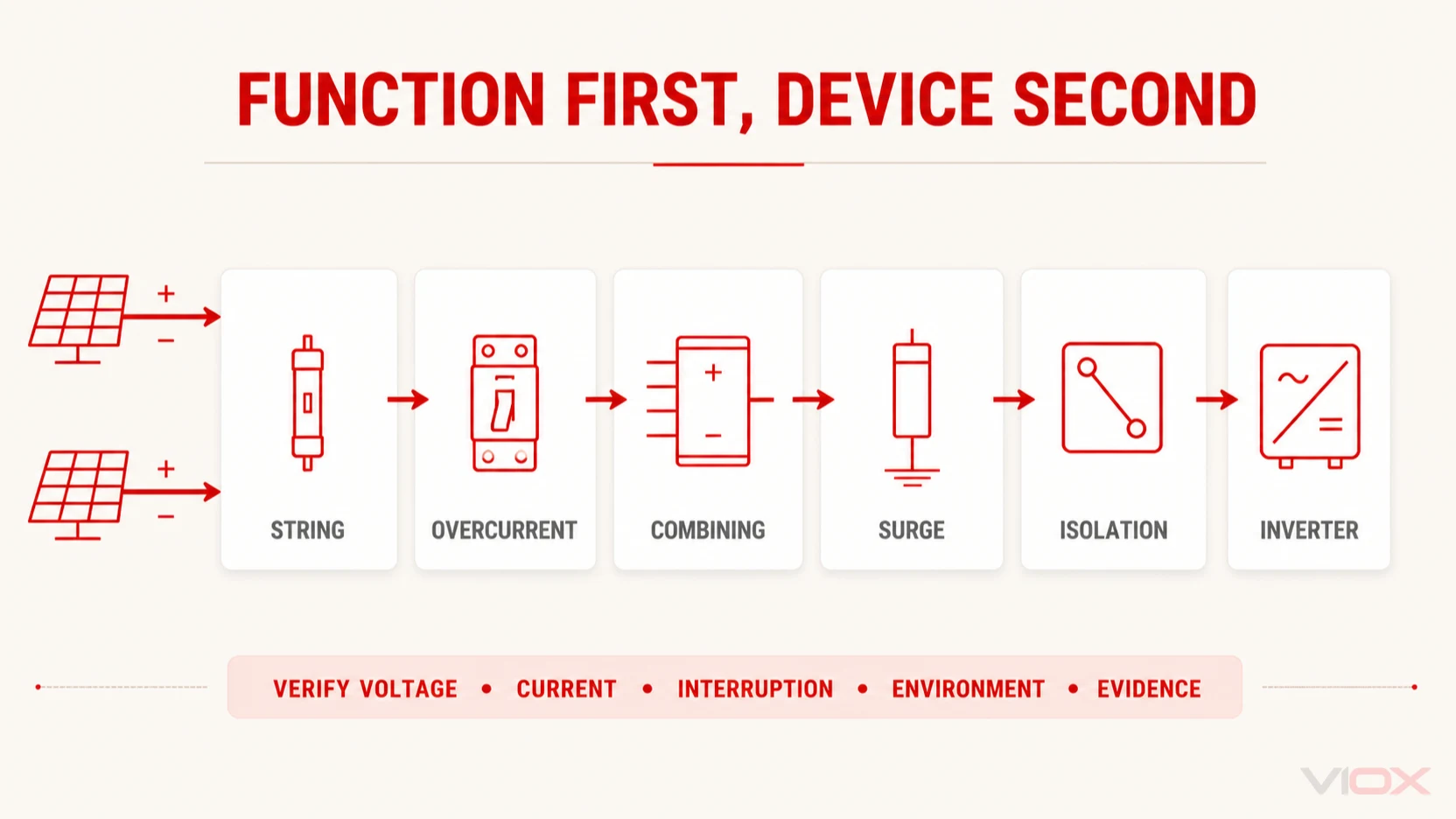 Solar DC protection device location map for strings, combiner output and inverter input