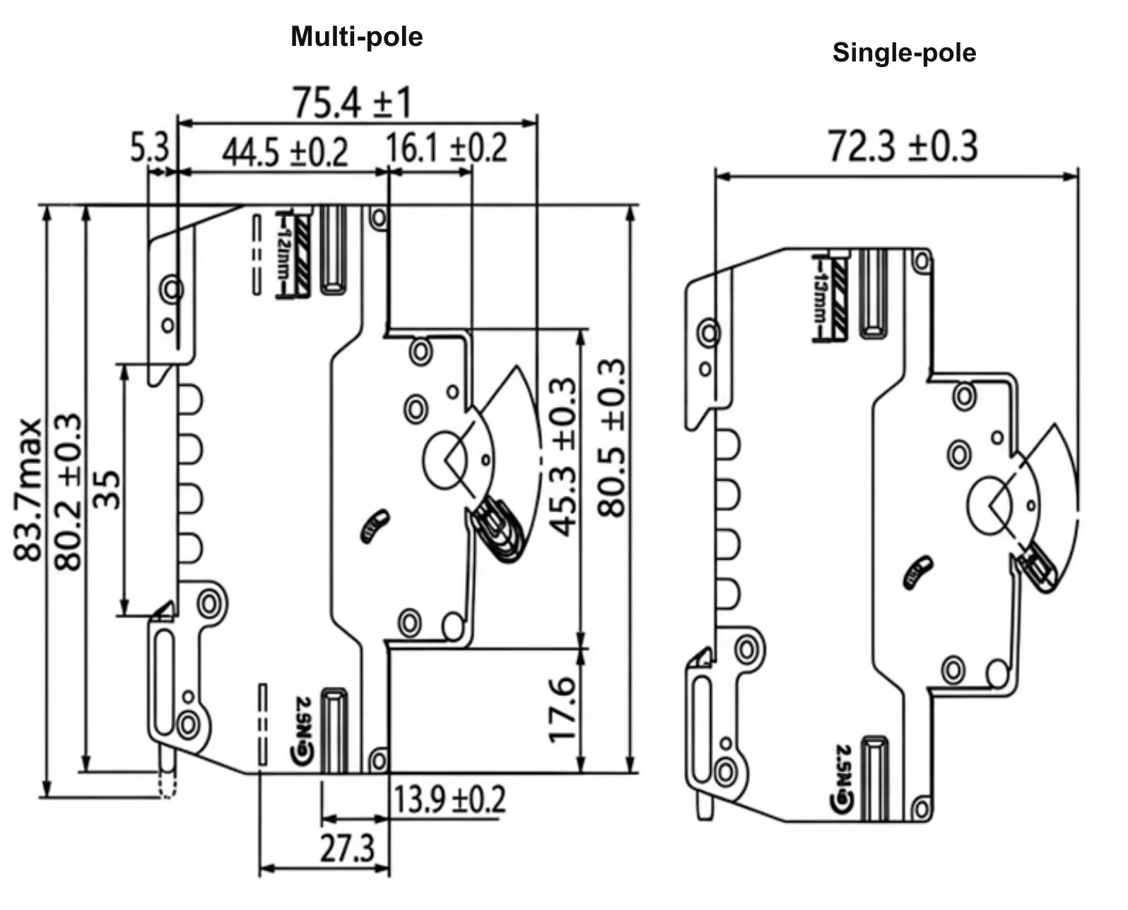 VOB3-63DC multi-pole and single-pole overall dimension drawing