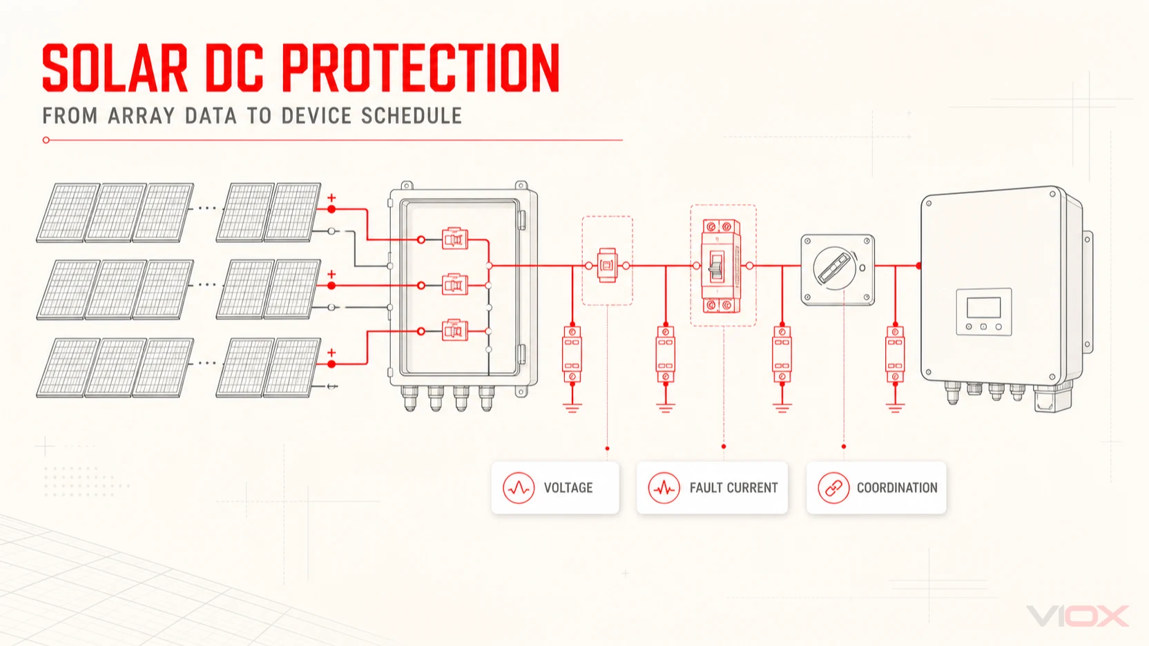 Solar DC protection architecture from PV strings through the inverter
